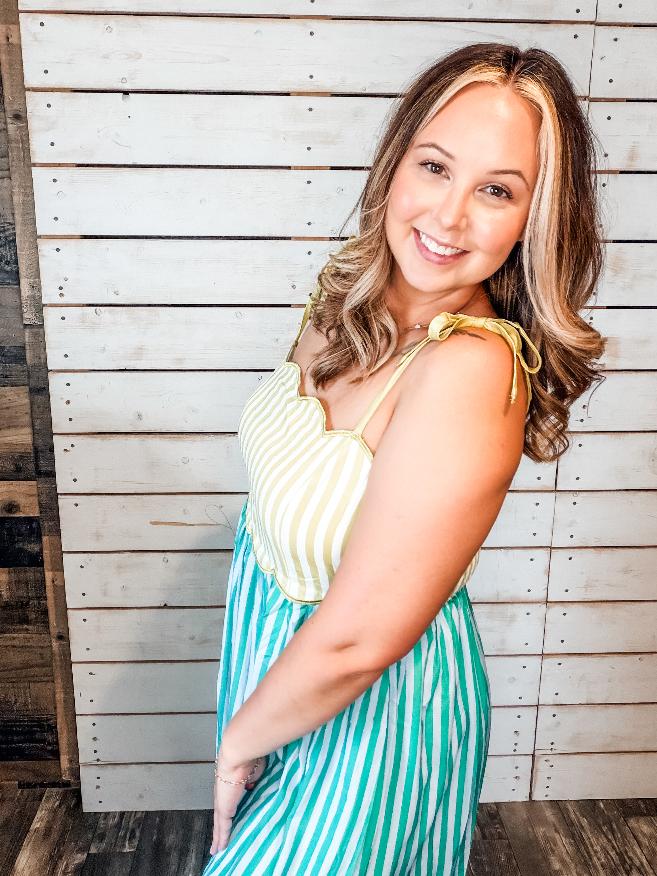 Green Stripe Ruched Maxi Dress
