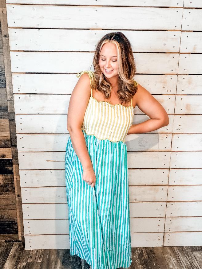 Green Stripe Ruched Maxi Dress