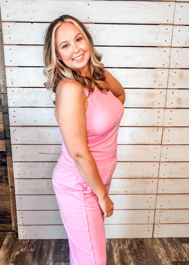 Pink lounge set, ribbed racerback tank and wide-leg pants, side view