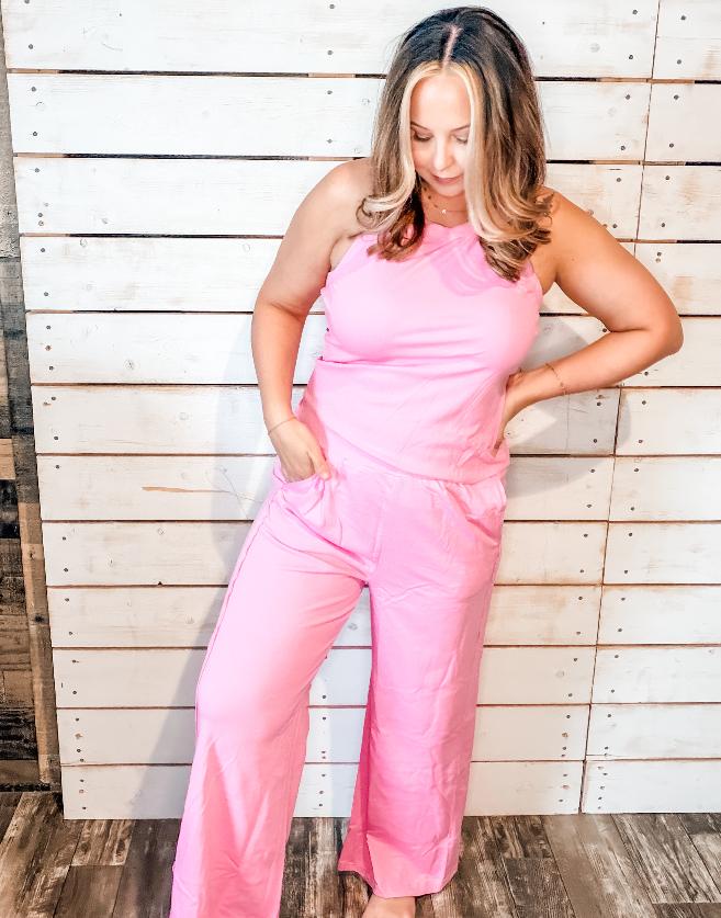 Pink lounge set front view with hands in pockets